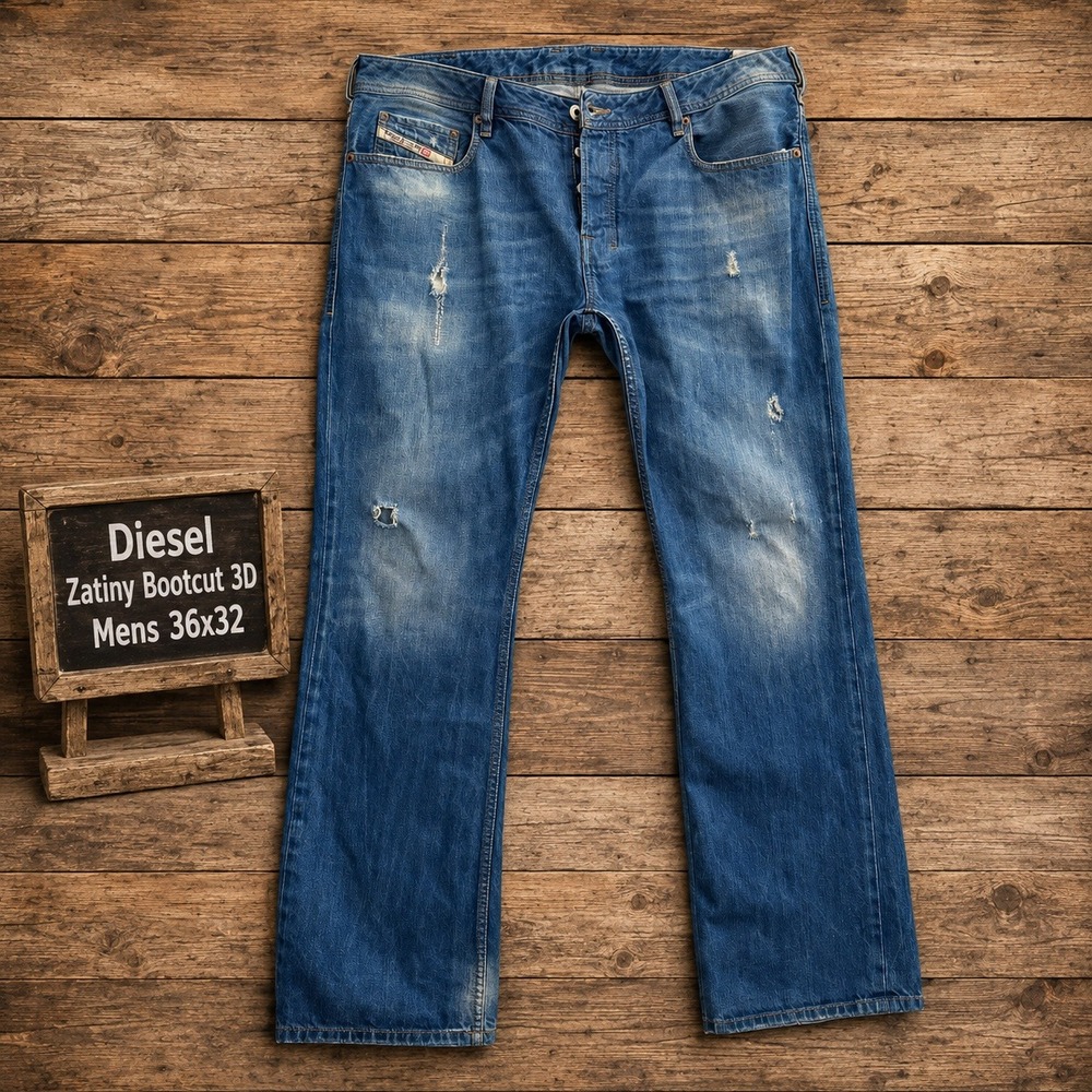 Diesel Zatiny Bootcut 3D Mens 36x32 Distressed Blue Jeans Made in Italy 0823U